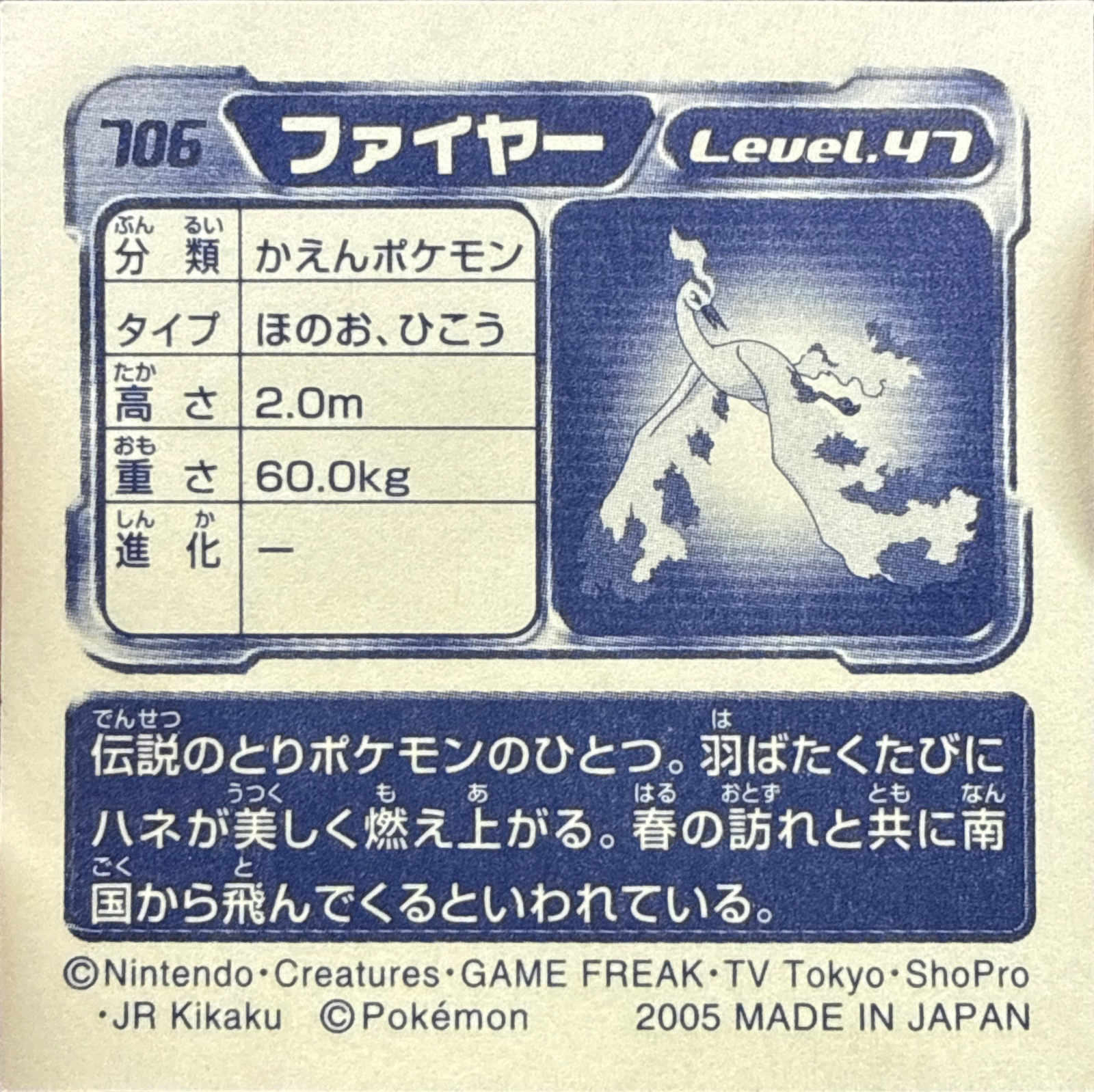 Moltres sticker #706, Pokémon Amada ADV Part 8 Stickers Checklist (2005), Non Holo, back