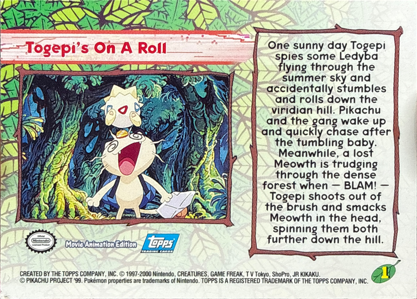 Togepi's On A Roll card #1, Pokemon Topps Movie 2000 Trading Cards, back