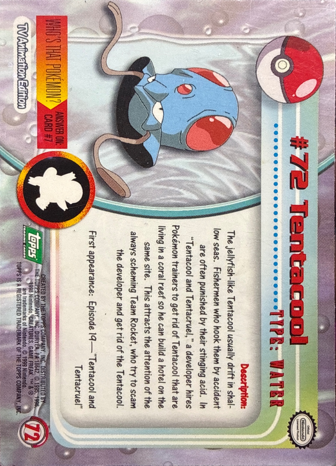 Tentacool card #72, Pokemon Topps Series 1 (1999), back