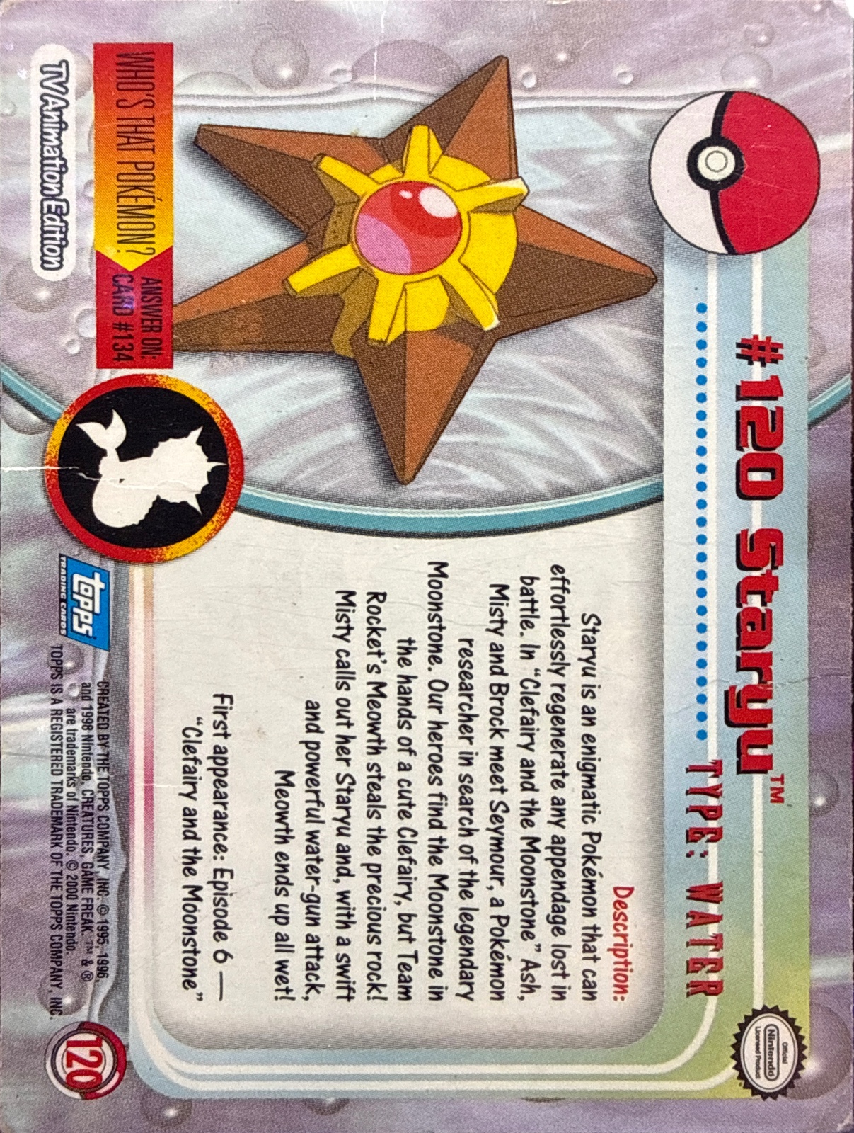 Staryu card #120, Pokemon Topps Series 3 (2000), back