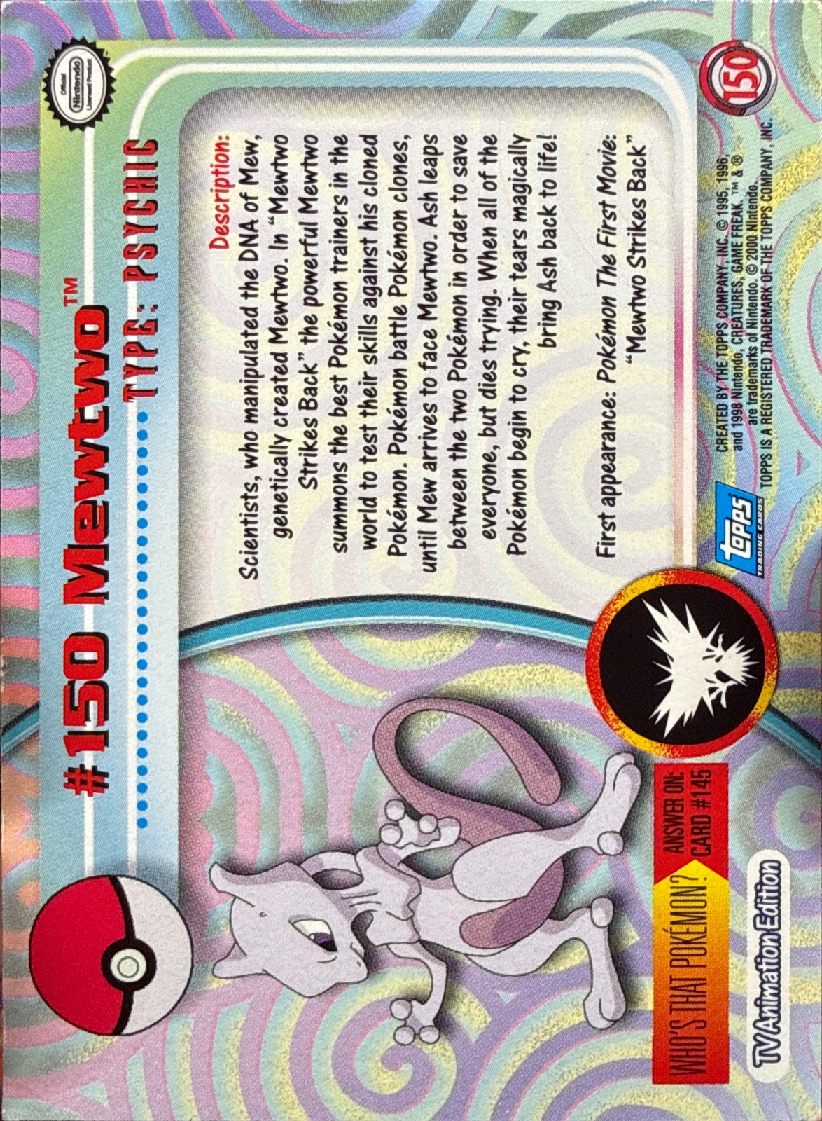 Mewtwo card #150, Pokemon Topps Series 3 (2000), back