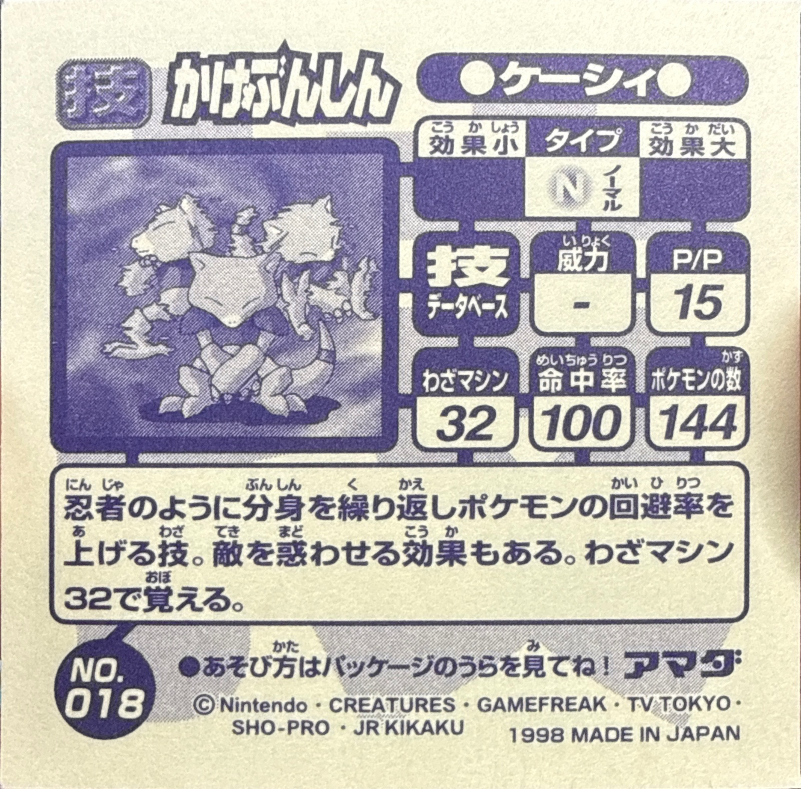 Abra Double Team sticker #018, Amada Attack Set 1 1998 · Pokemon Sticker Checklist, back