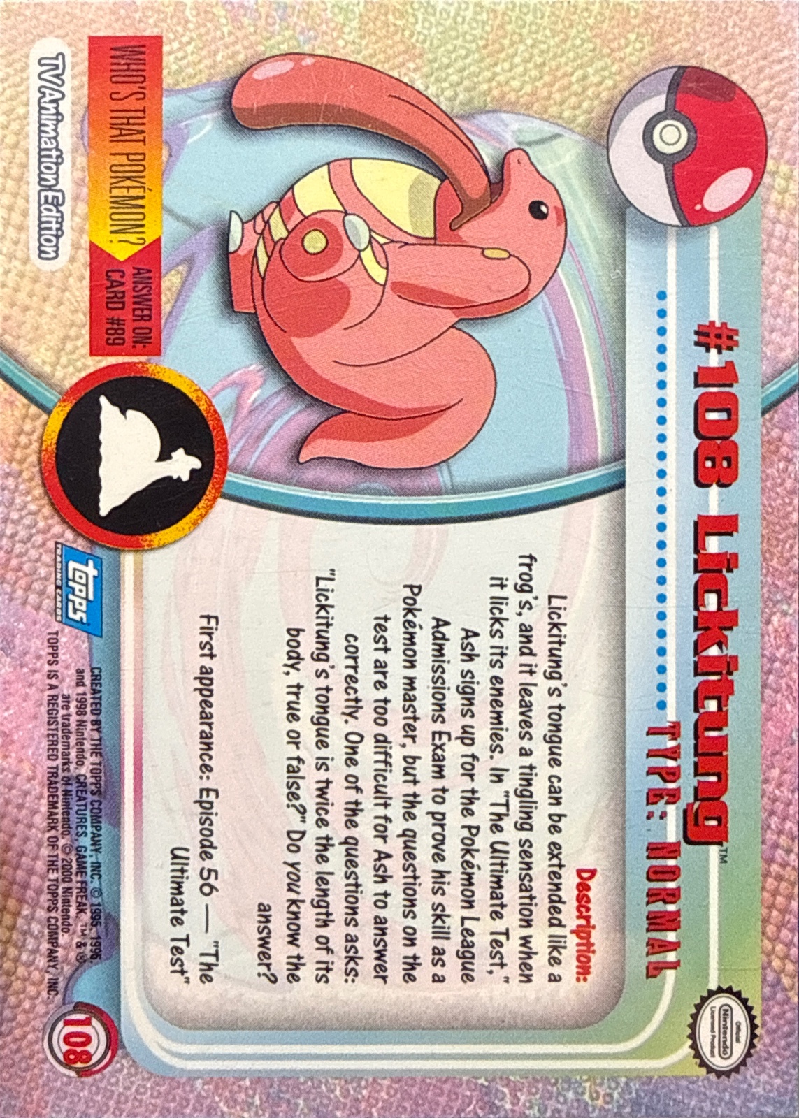 Lickitung card #108, Pokemon Topps Series 2 (1999), back