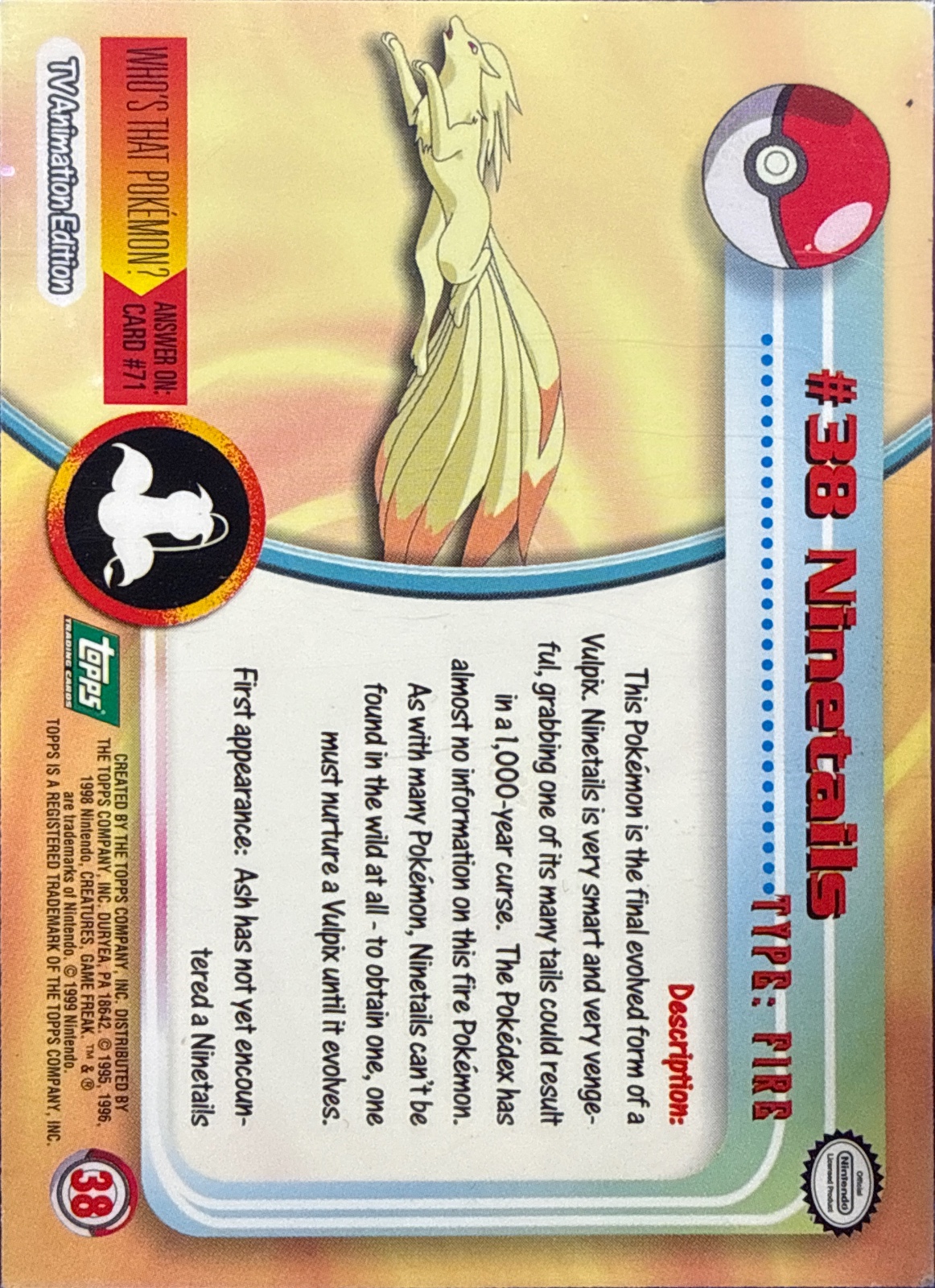 Ninetails card #38, Pokemon Topps Series 1 (1999), back