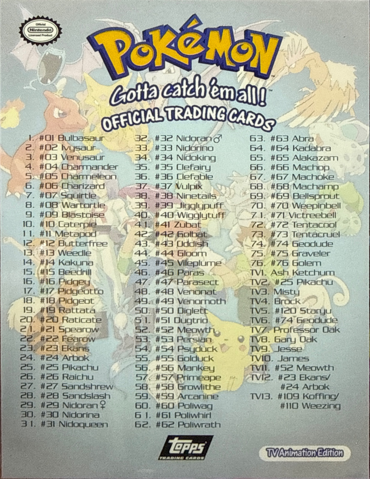 card #CL, Pokemon Topps Series 1 (1999), back