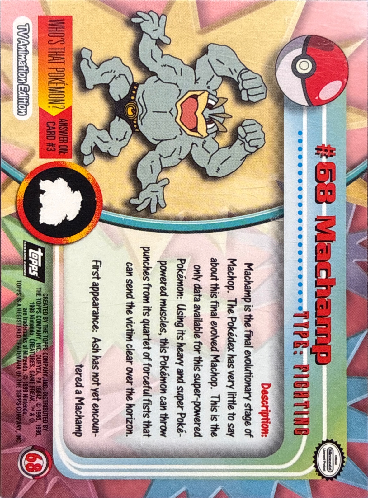 Machamp card #68, Pokemon Topps Series 1 (1999), back