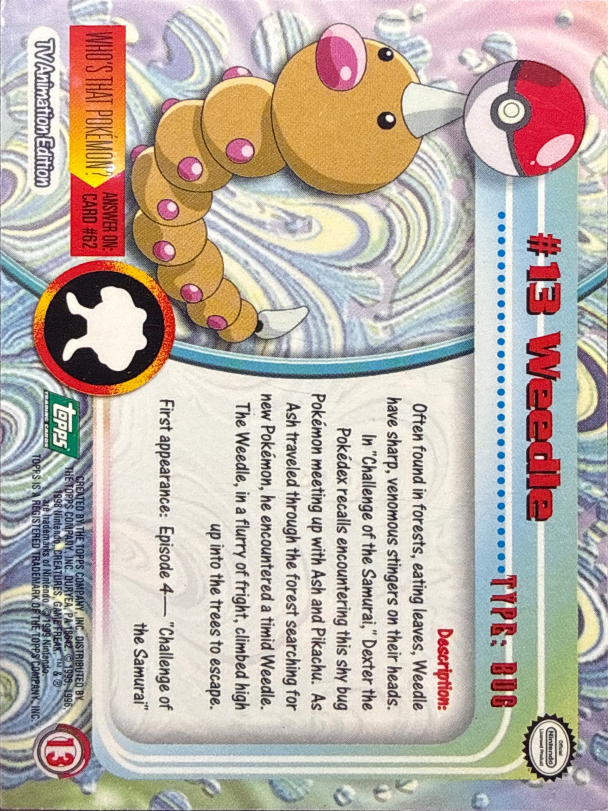 Weedle card #13, Pokemon Topps Series 1 (1999), back