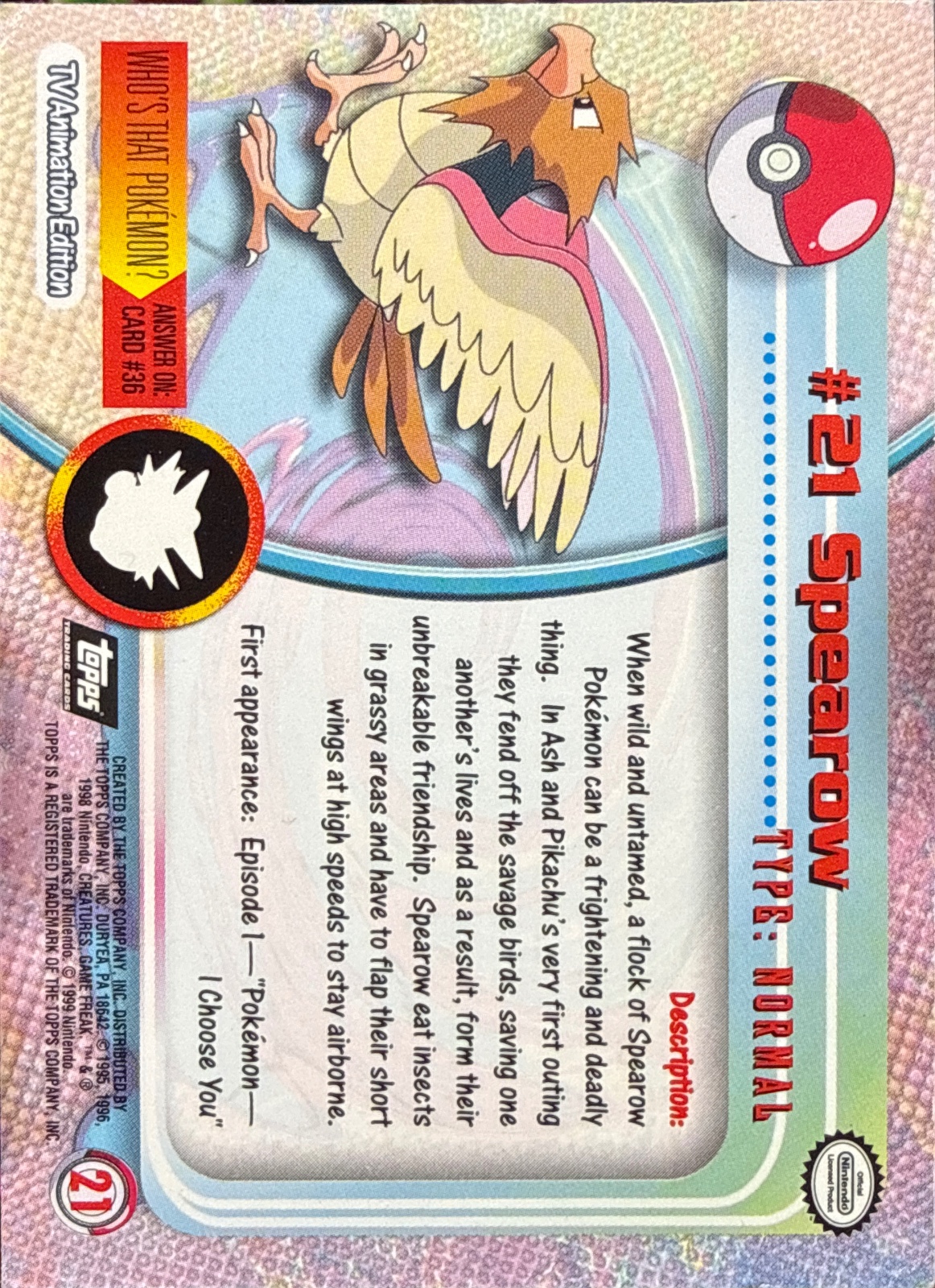 Spearow card #21, Pokemon Topps Series 1 (1999), back
