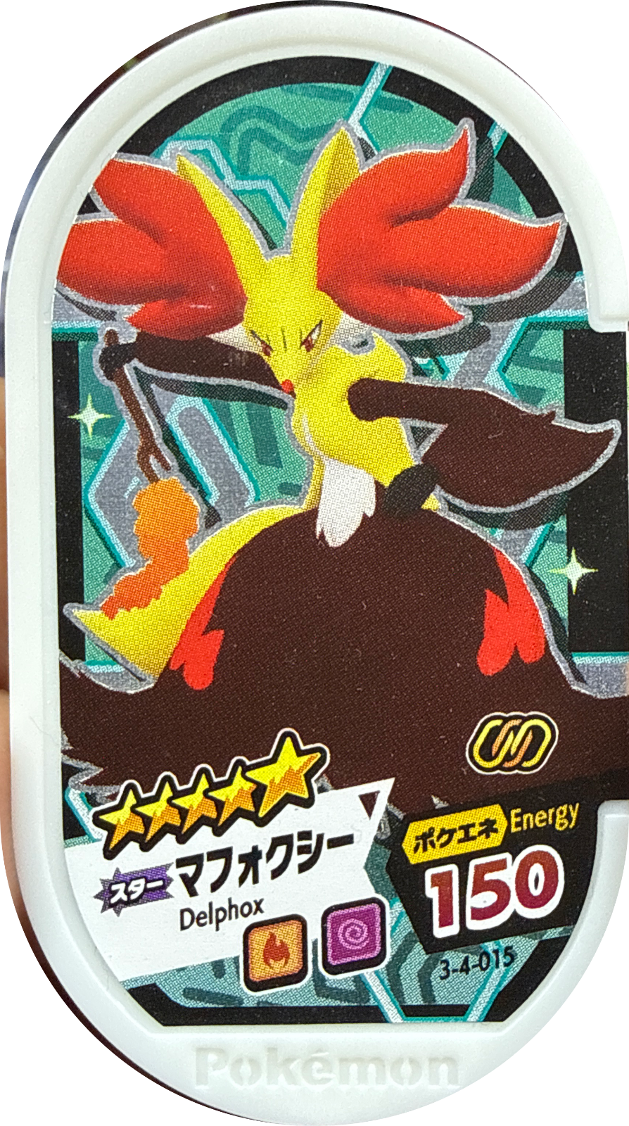 Delphox tag #3-4-015, Pokemon Mezastar Double Chain 4 Checklist, front