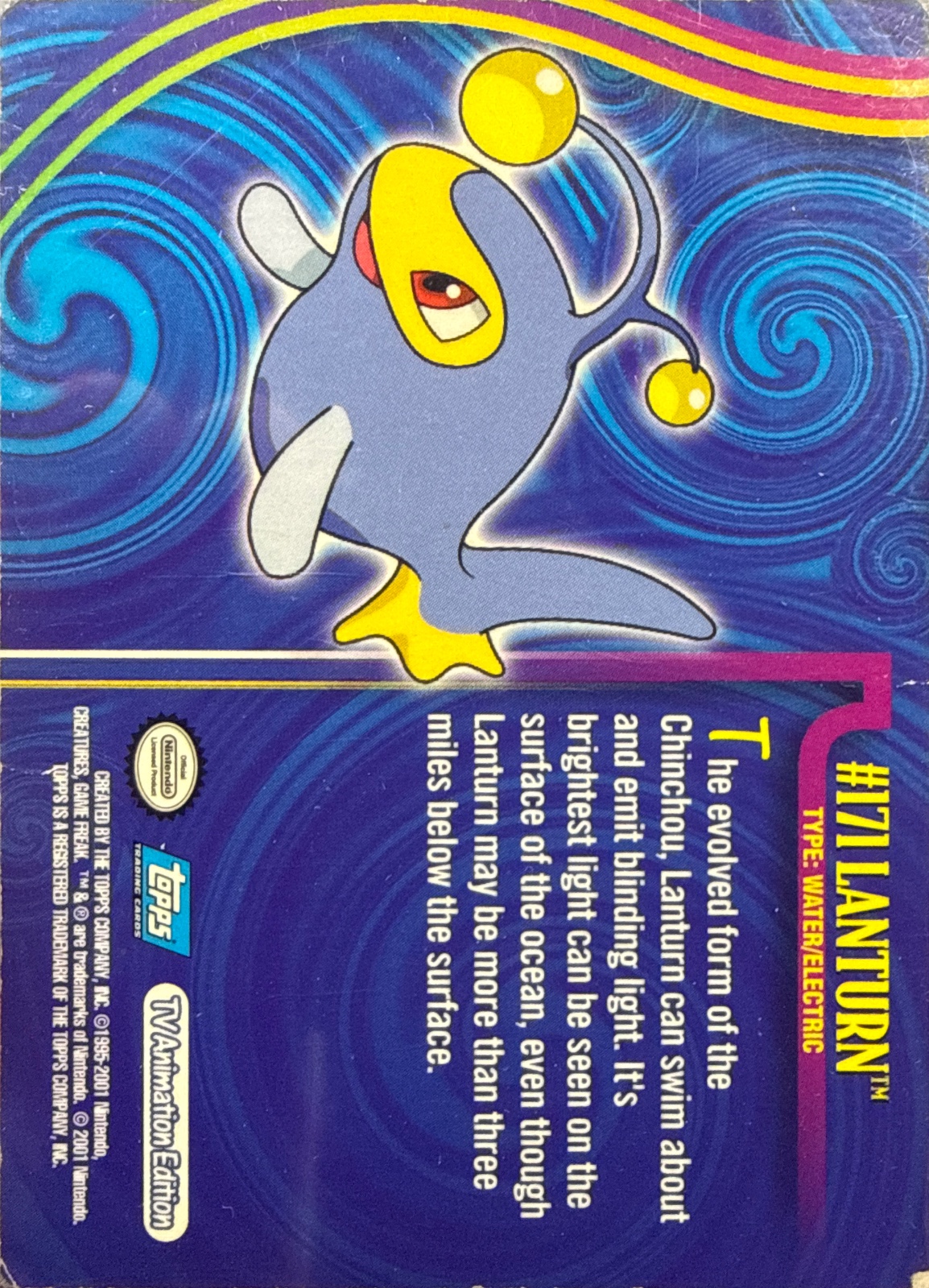 Lanturn card #19, Pokemon Topps Johto Series 1 (2001), back