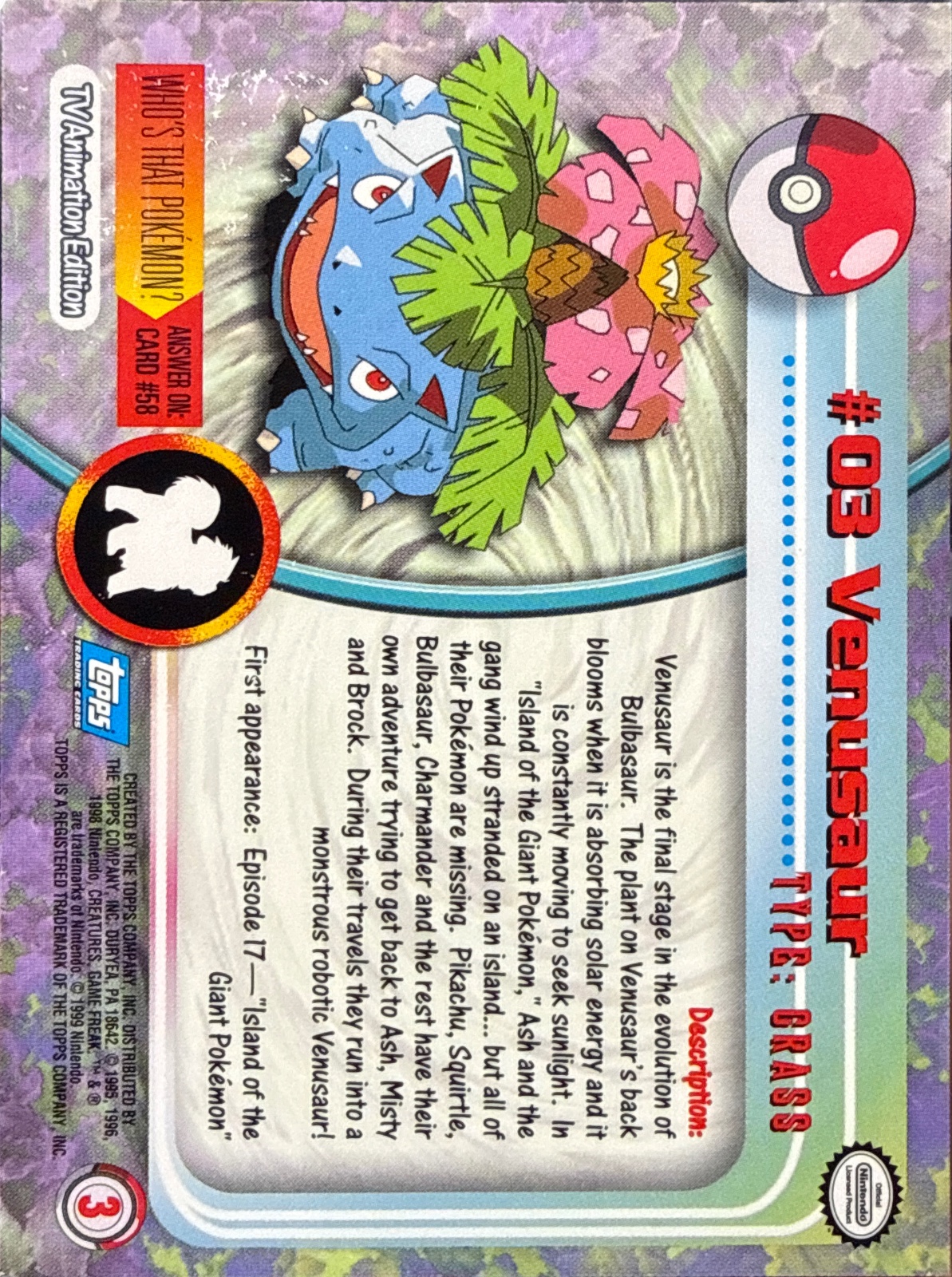 Venusaur card #3, Pokemon Topps Series 1 (1999), back