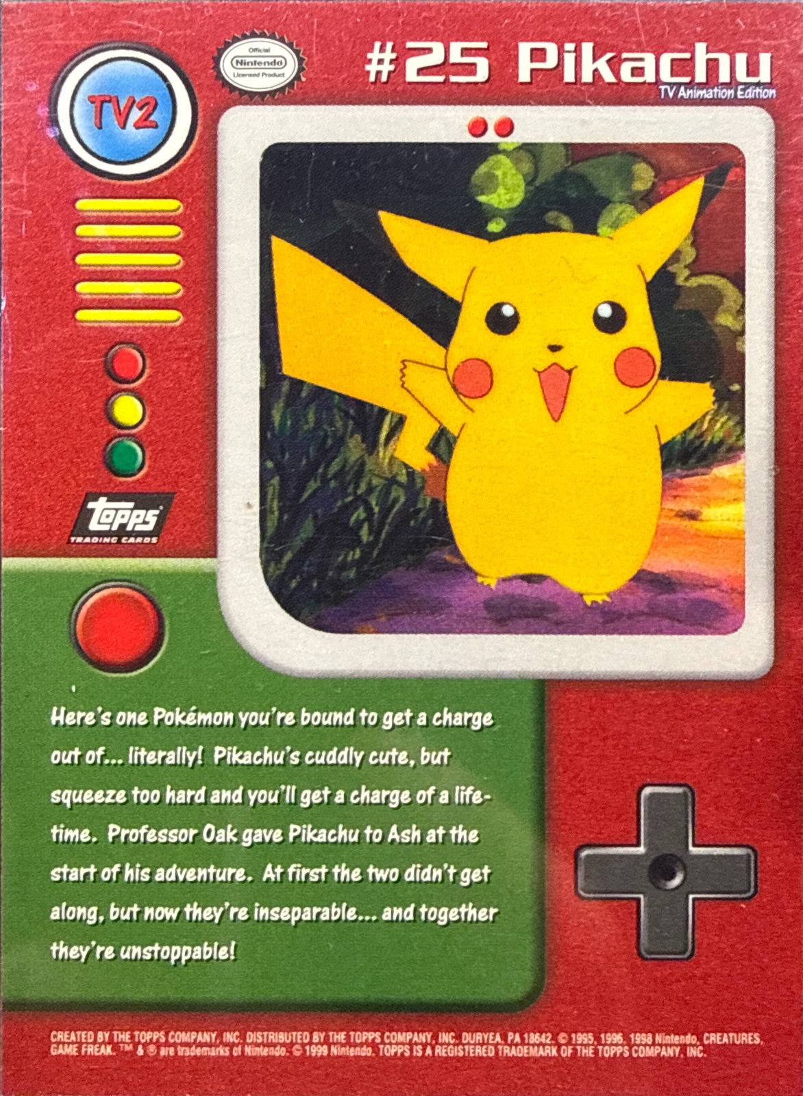 Pikachu card #TV2, Pokemon Topps Series 1 (1999), back