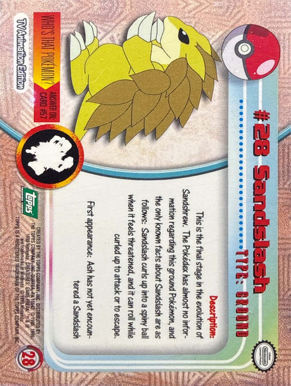 Sandslash card #28, Pokemon Topps Series 1 (1999), back