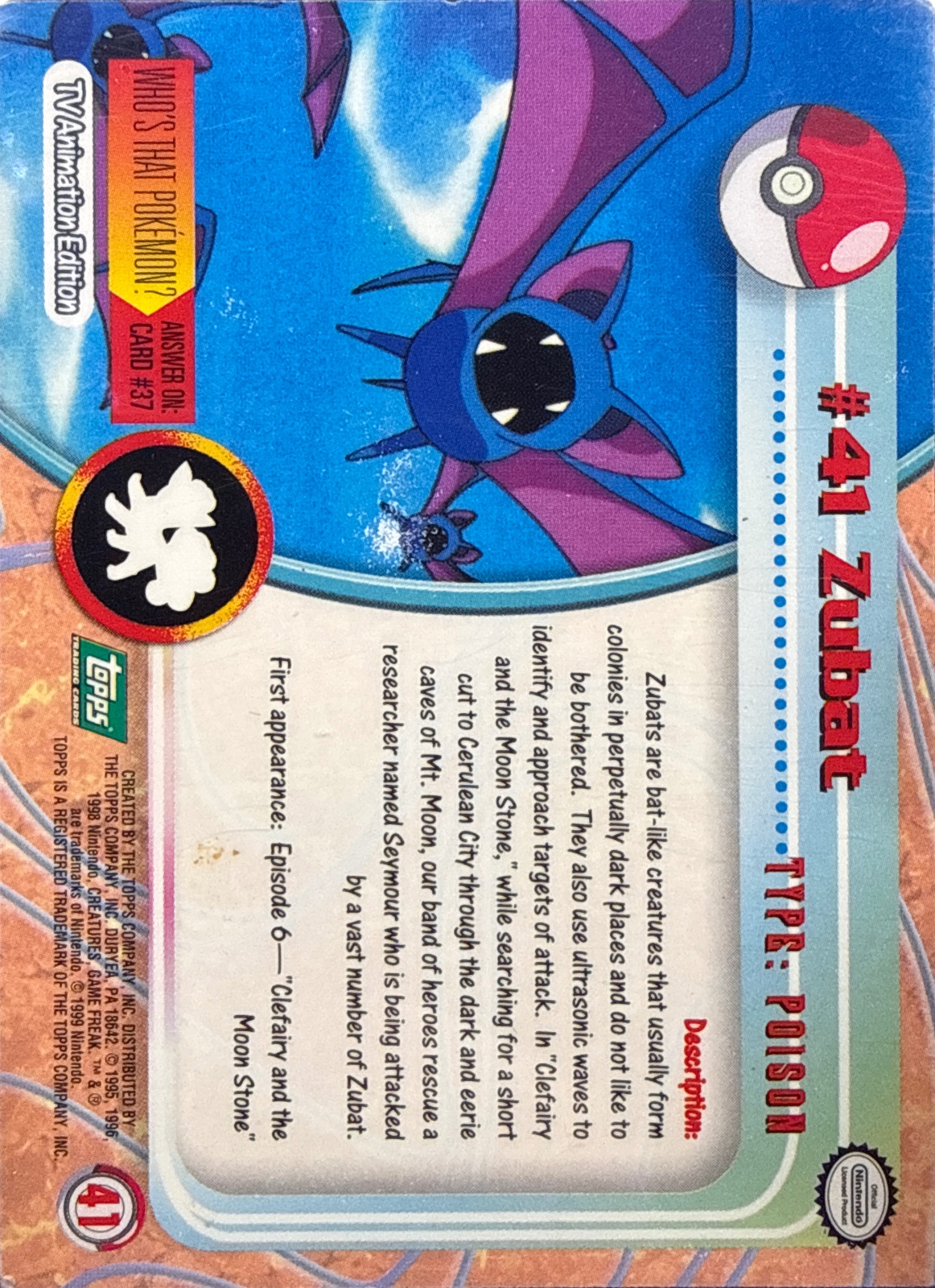 Zubat card #41, Pokemon Topps Series 1 (1999), back