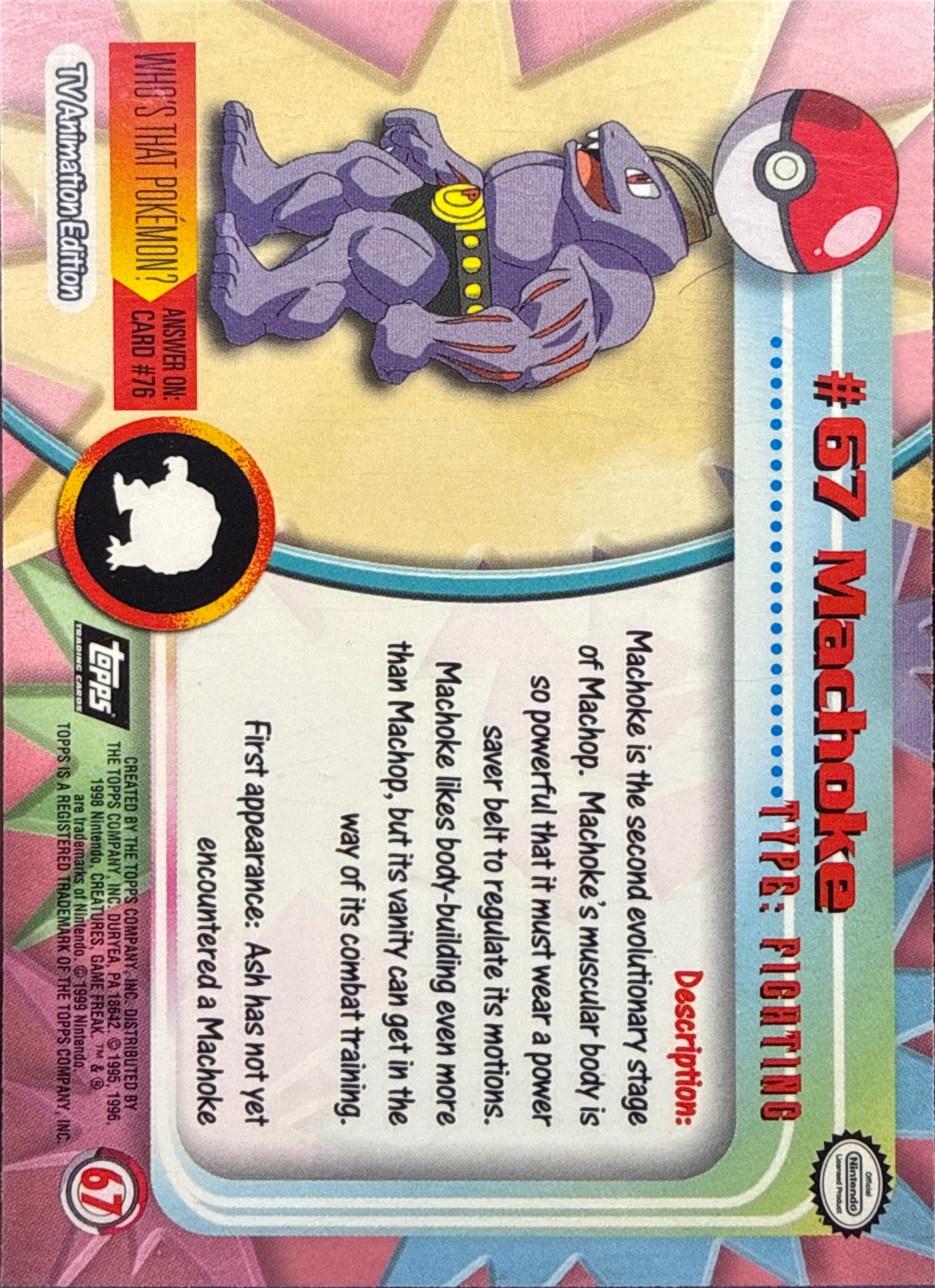 Machoke card #67, Pokemon Topps Series 1 (1999), back
