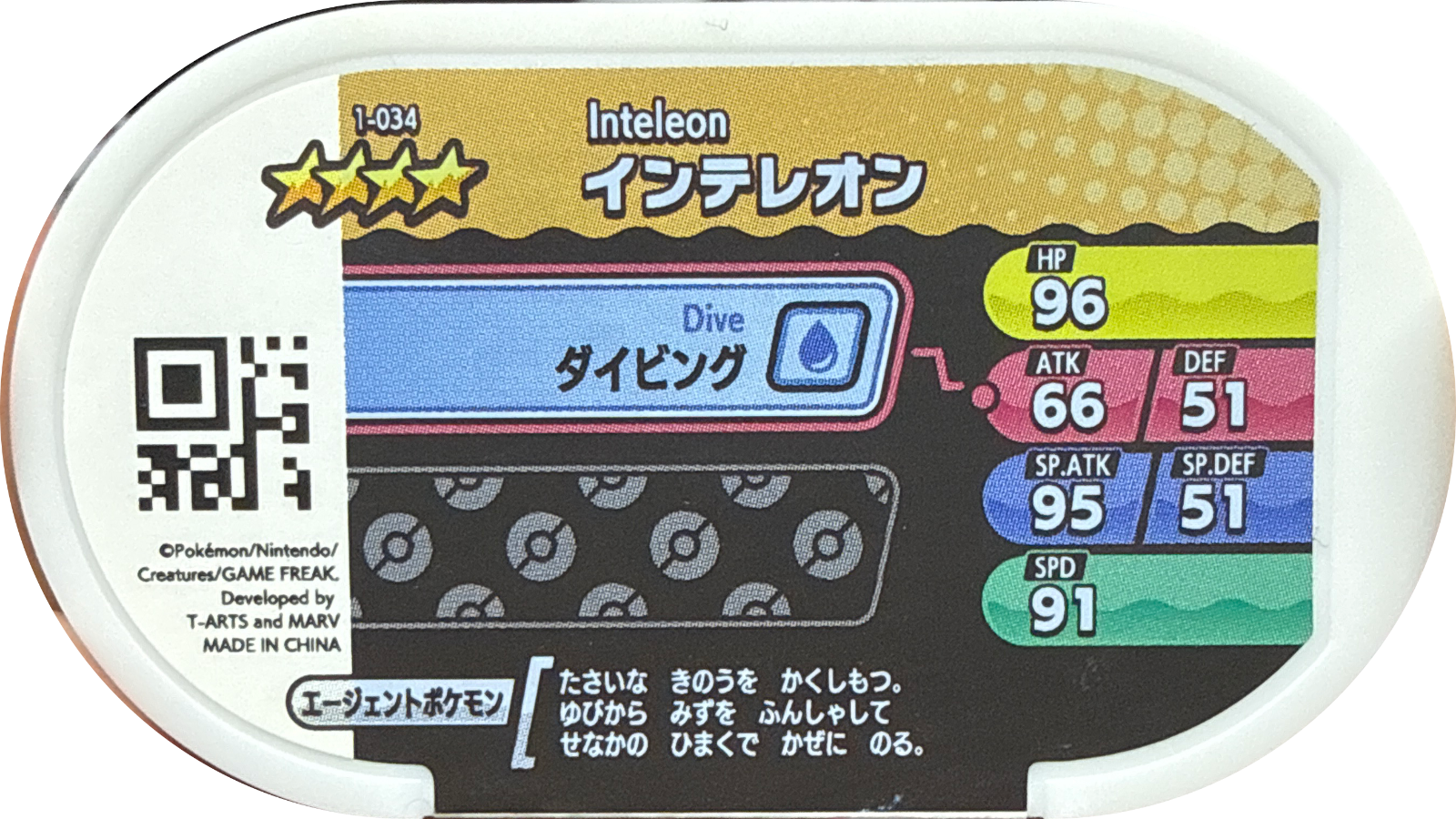 Inteleon tag #1-034, Pokemon Mezastar Set 1 Checklist, back