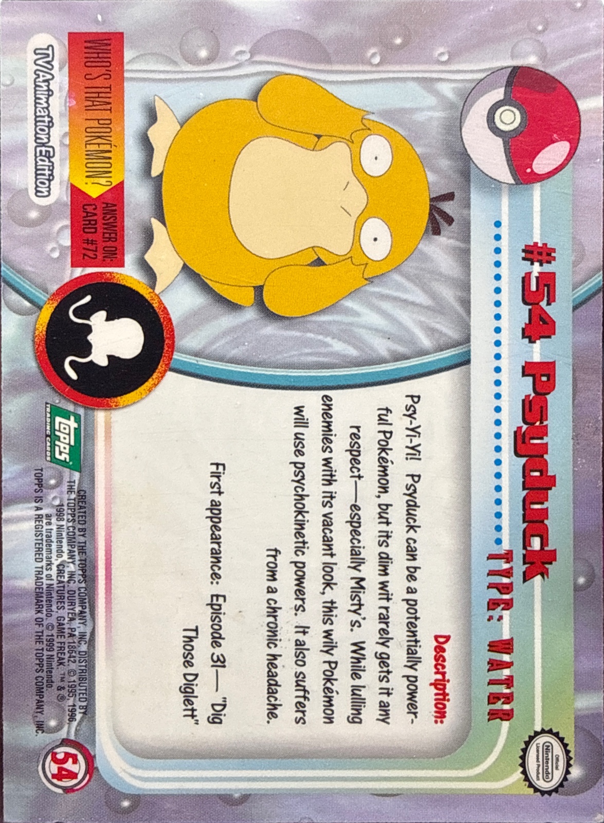 Psyduck card #54, Pokemon Topps Series 1 (1999), back
