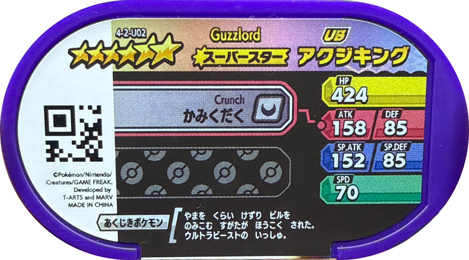 Guzzlord tag #4-2-U02, Pokemon Mezastar Ultra Beast Tags Checklist, back