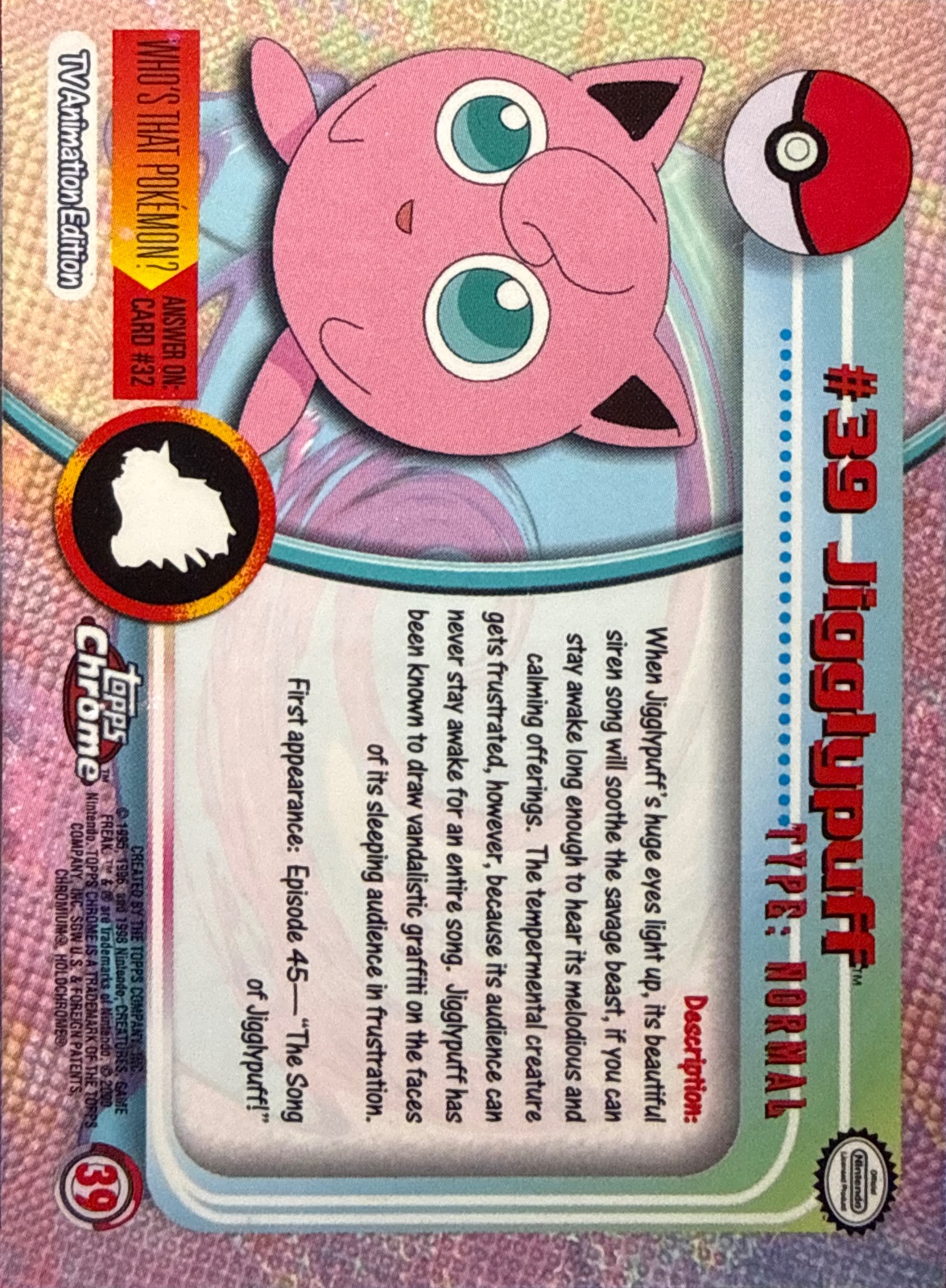 Jigglypuff card #39, Pokemon Topps Chrome Series 1 (2000), back