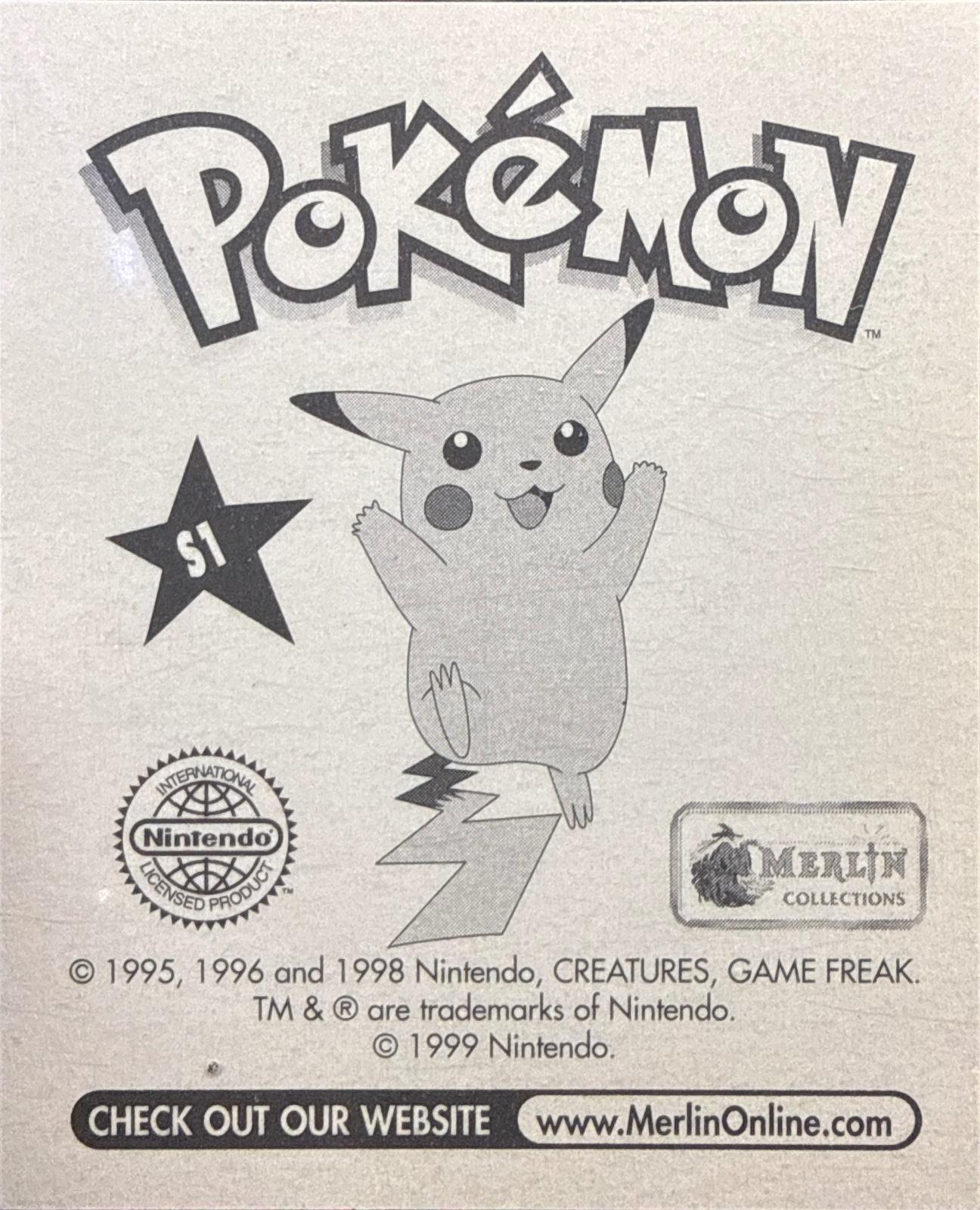 Pikachu, Glittery card #S1, Pokémon Merlin Series 1 (1999), back