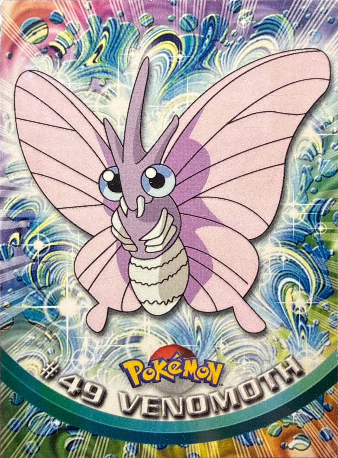 Venomoth card #49, Pokemon Topps Series 1 (1999), front