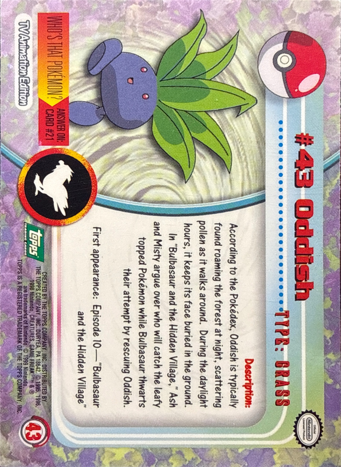 Oddish card #43, Pokemon Topps Series 1 (1999), back