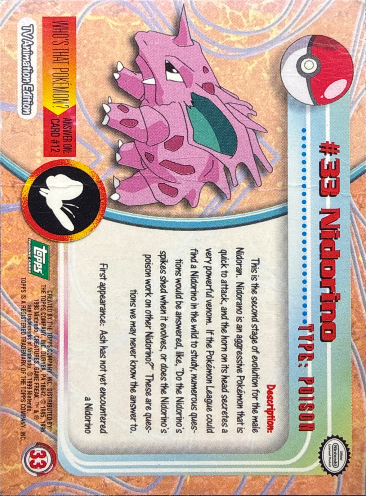 Nidorino card #33, Pokemon Topps Series 1 (1999), back
