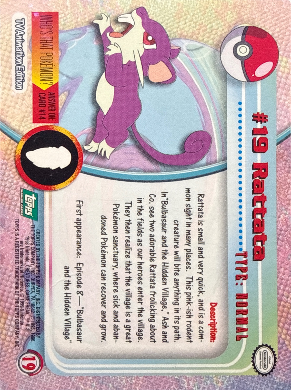 Rattata card #19, Pokemon Topps Series 1 (1999), back