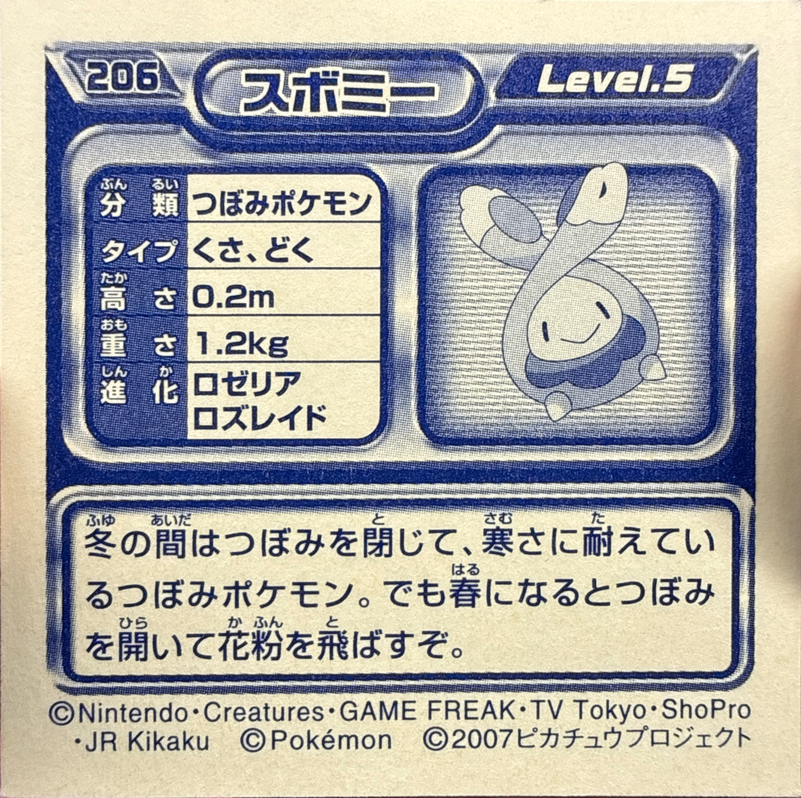 Budew sticker #206, Pokémon Ensky DP Retsuden 3 Stickers Checklist (2007), Non-holo, back