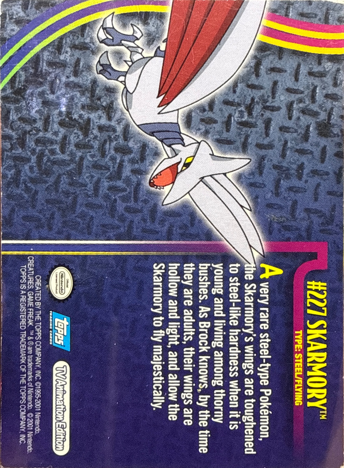Skarmory card #22, Pokemon Topps Johto League Champions (2001), back