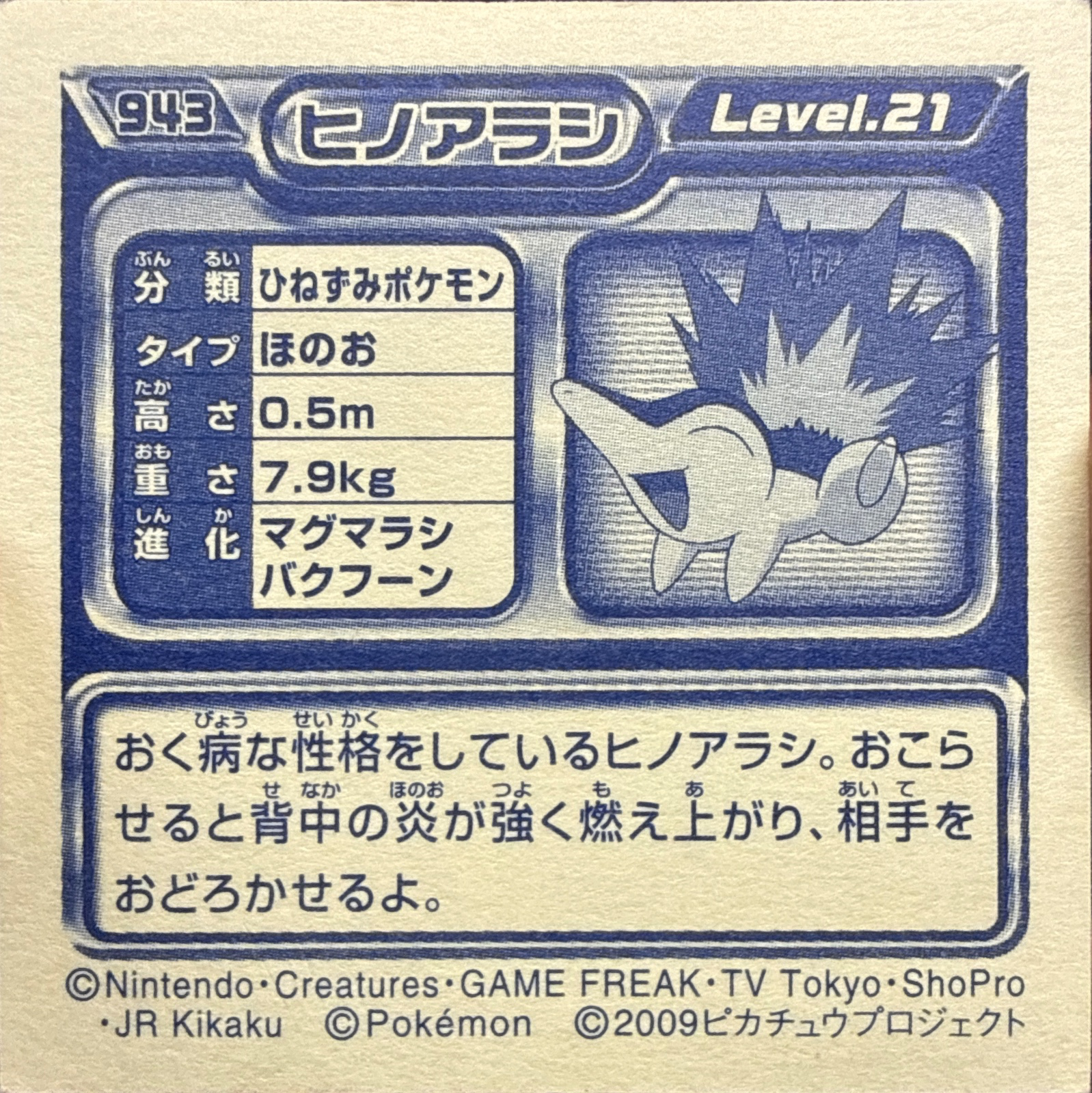 Cyndaquil sticker #943, Pokémon Ensky DP Retsuden 10 Stickers Checklist (2009), back