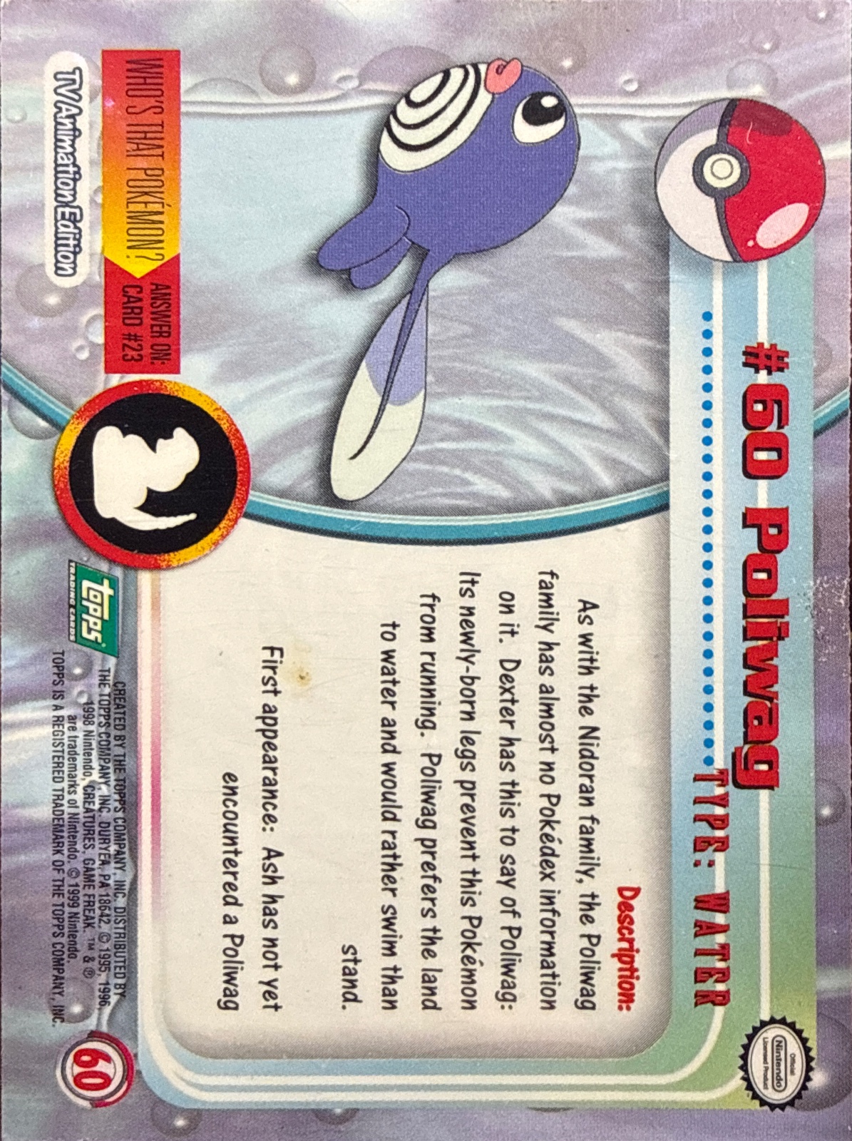 Poliwag card #60, Pokemon Topps Series 1 (1999), back