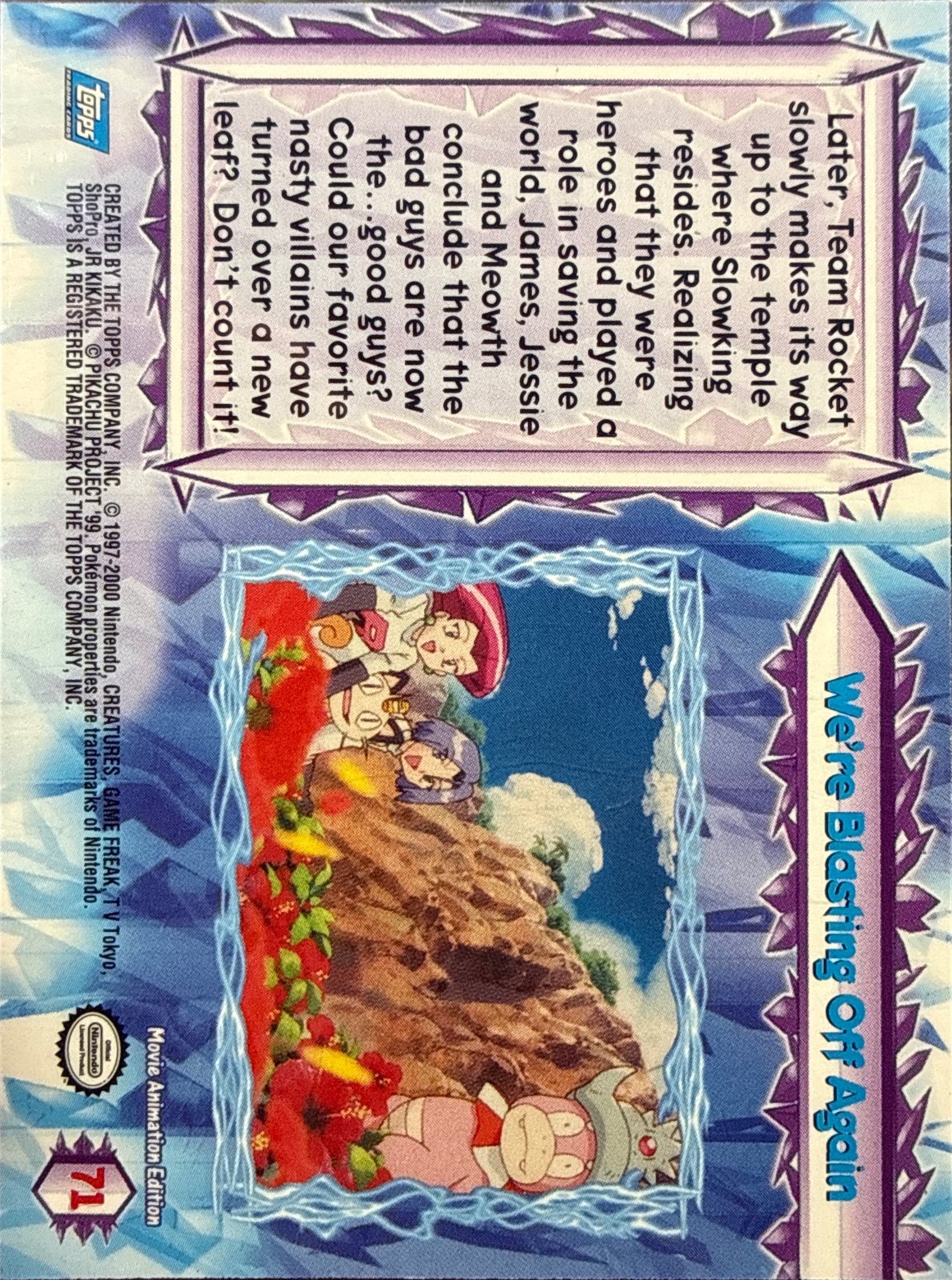 We're Blasting Off Again card #71, Pokemon Topps Movie 2000 Trading Cards, back