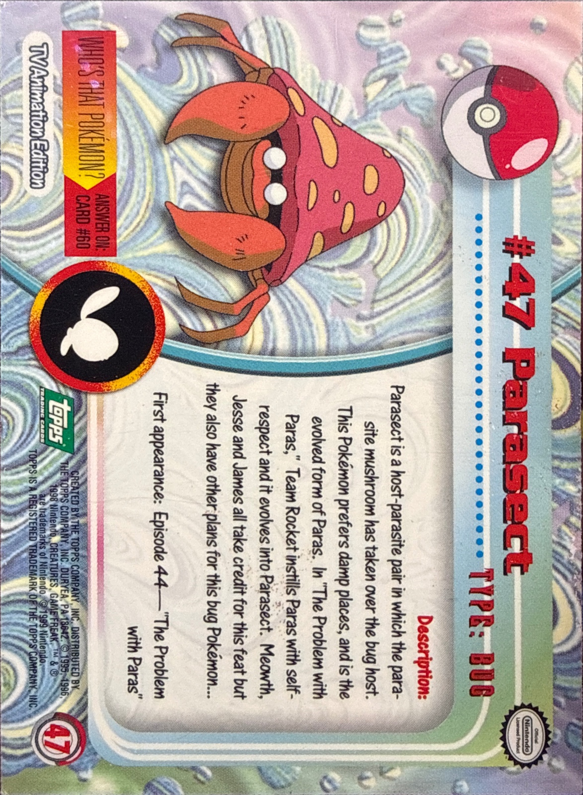 Parasect card #47, Pokemon Topps Series 1 (1999), back