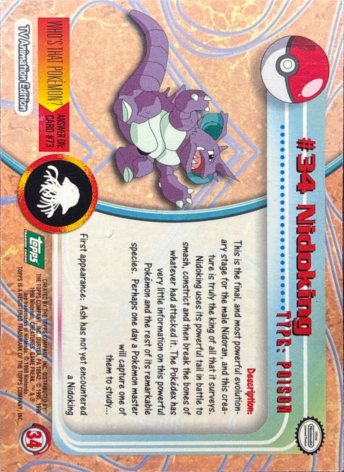 Nidoking card #34, Pokemon Topps Series 1 (1999), back