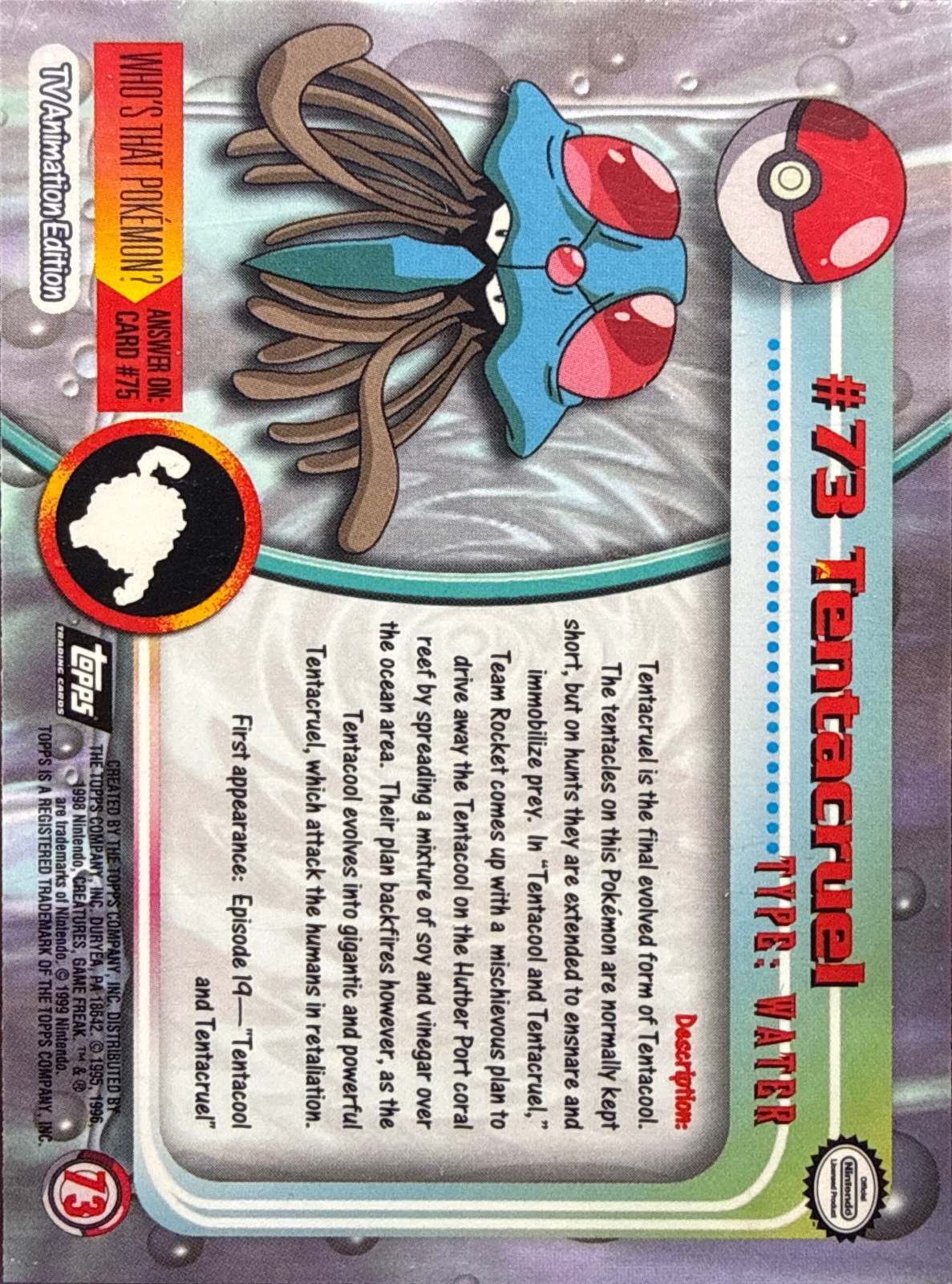 Tentacruel card #73, Pokemon Topps Series 1 (1999), back