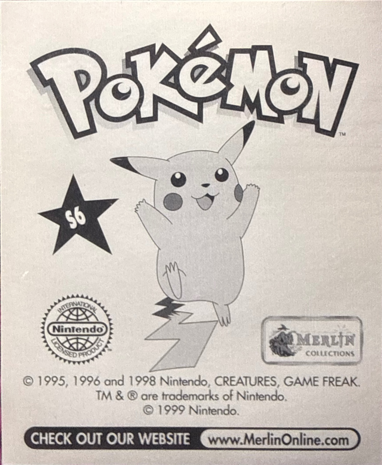 Pikachu, Glittery card #S6, Pokémon Merlin Series 1 (1999), back