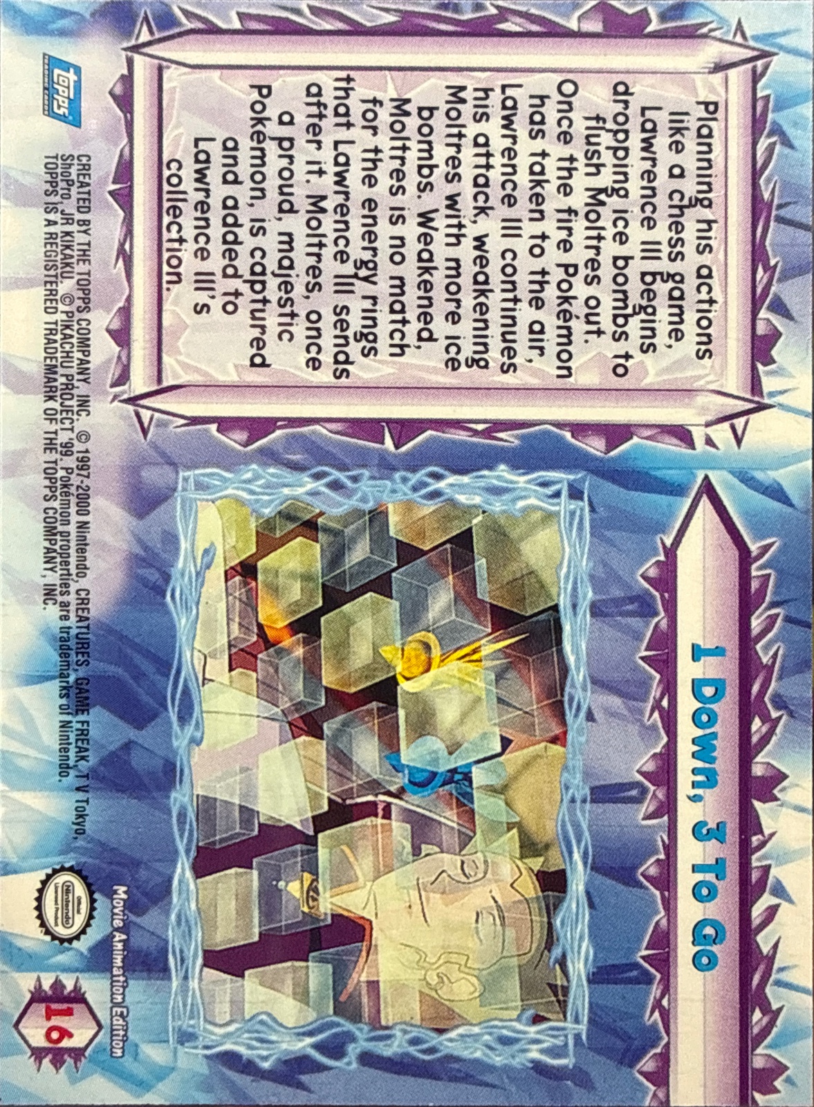1 Down, 3 To Go card #16, Pokemon Topps Movie 2000 Trading Cards, back