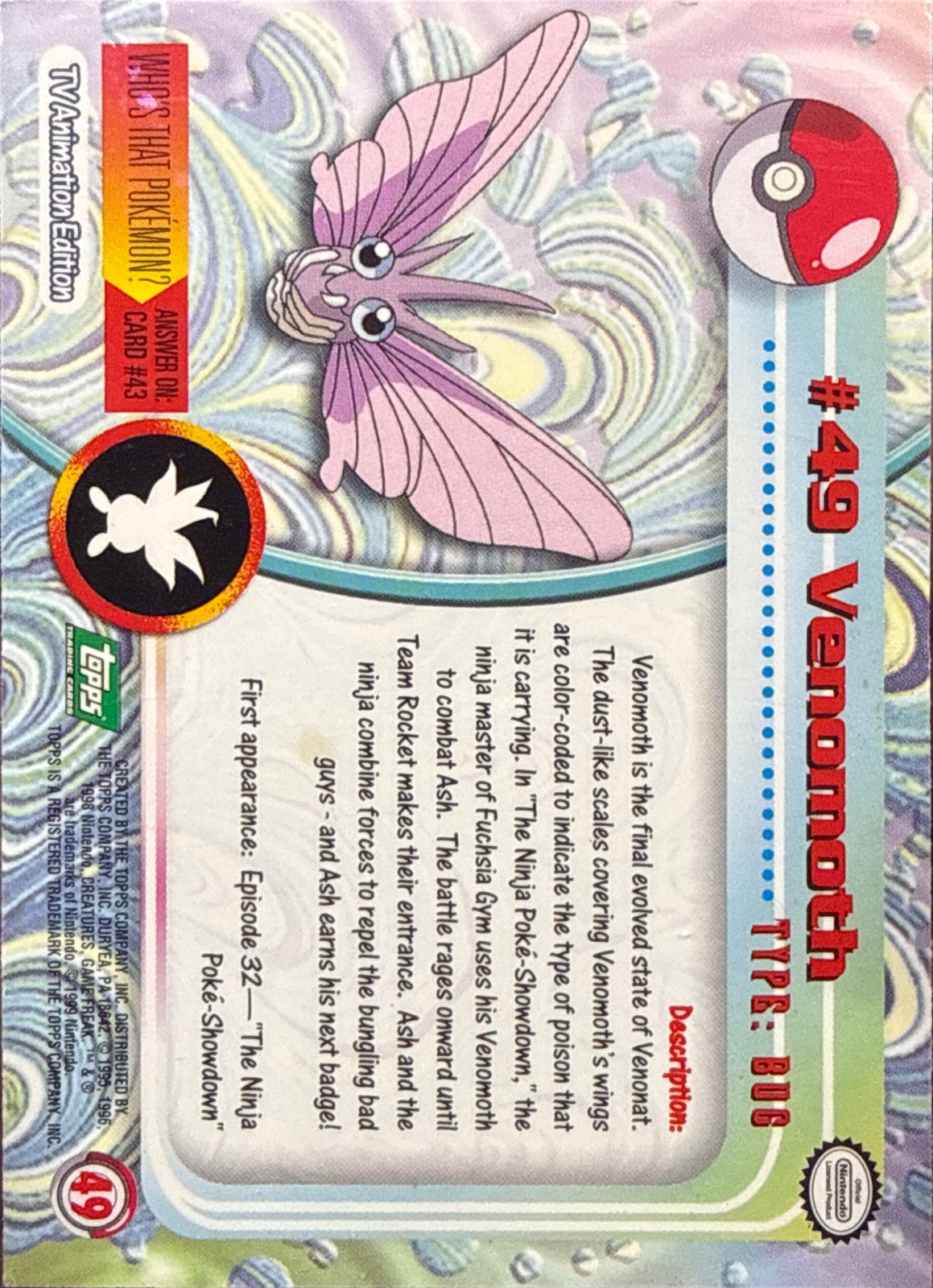 Venomoth card #49, Pokemon Topps Series 1 (1999), back