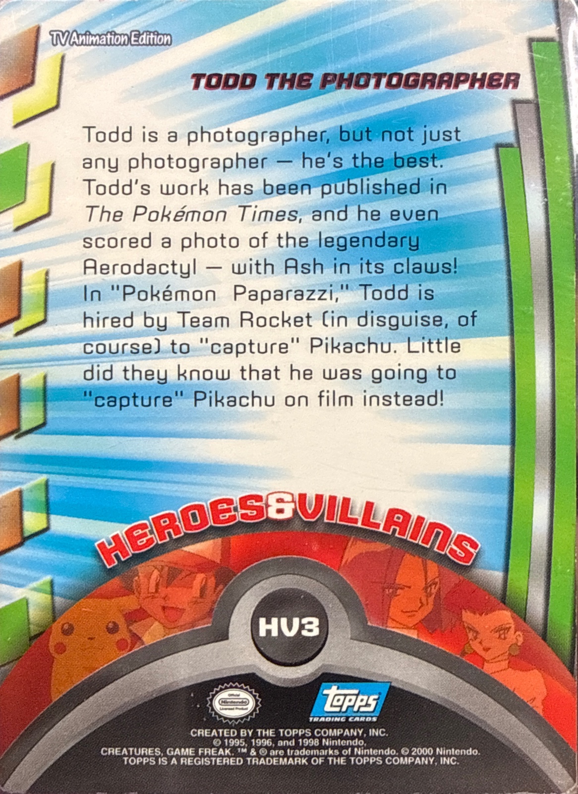 Todd the Photographer card #HV3, Pokemon Topps Series 2 (1999), back