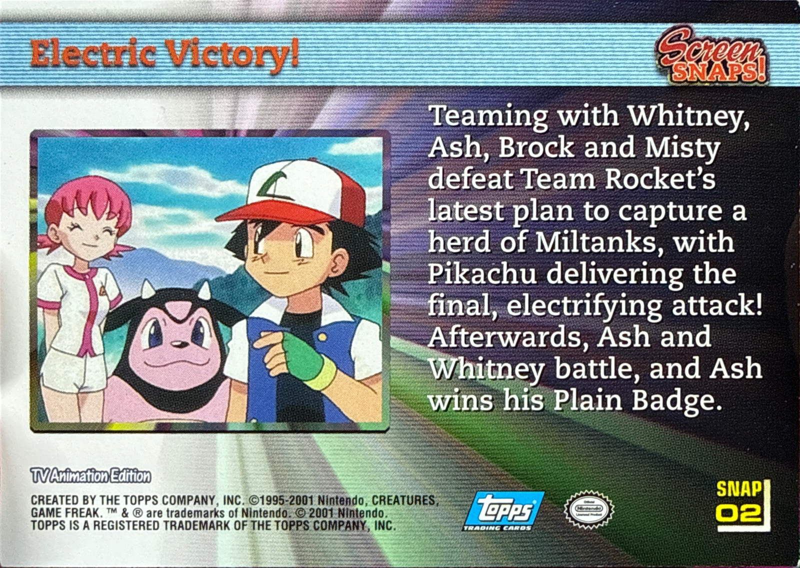 Electric Victory! card #Snap02, Pokemon Topps Johto League Champions (2001), back