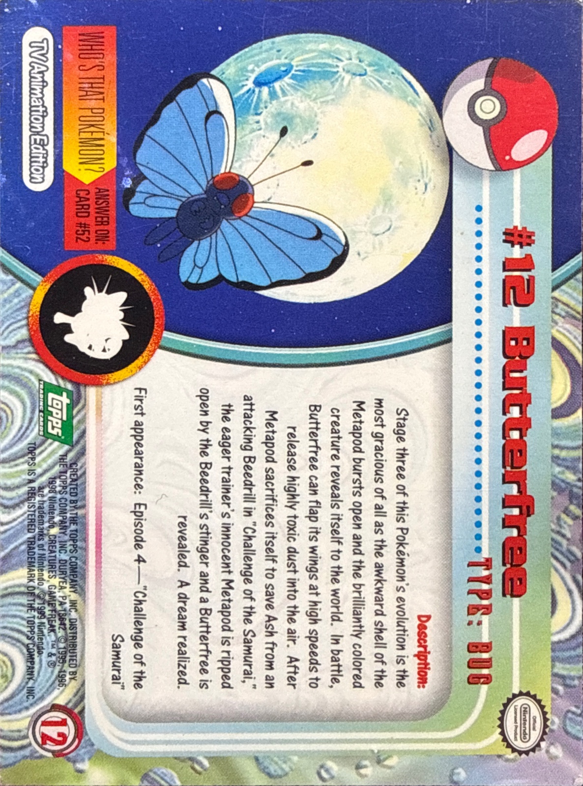 Butterfree card #12, Pokemon Topps Series 1 (1999), back