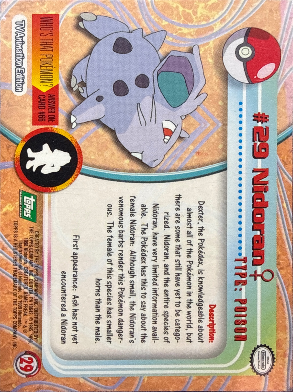 Nidoran♀ card #29, Pokemon Topps Series 1 (1999), back