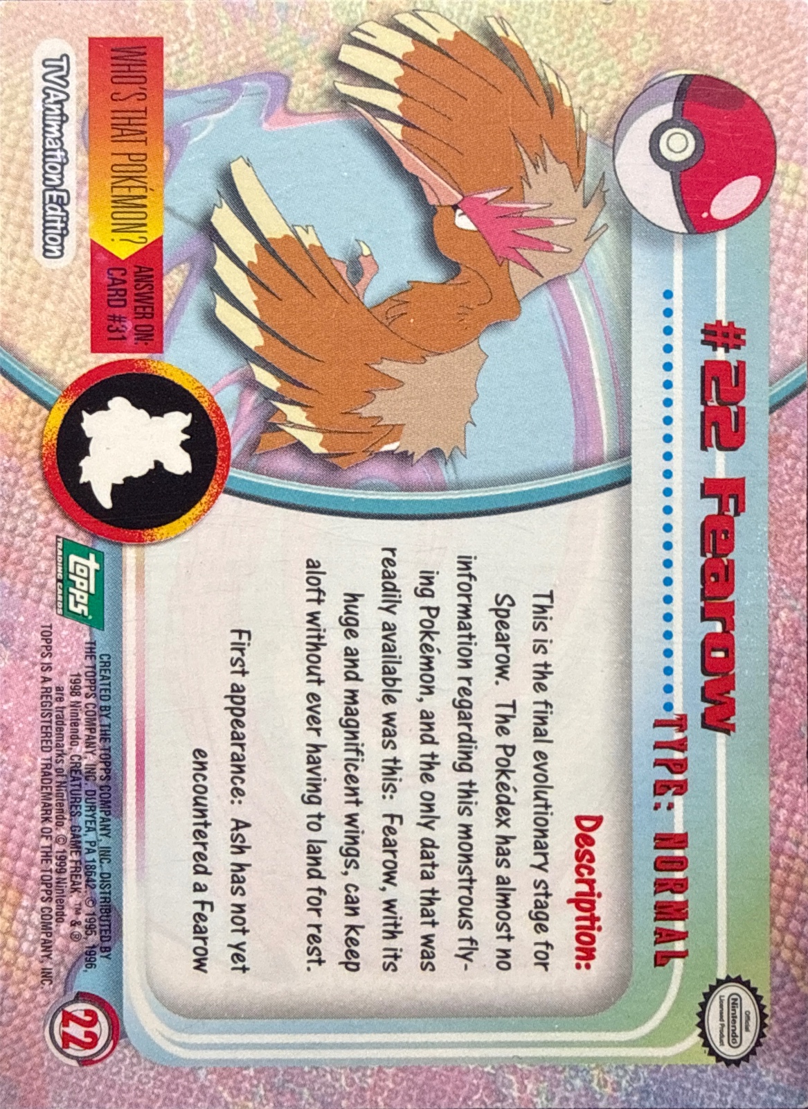 Fearow card #22, Pokemon Topps Series 1 (1999), back