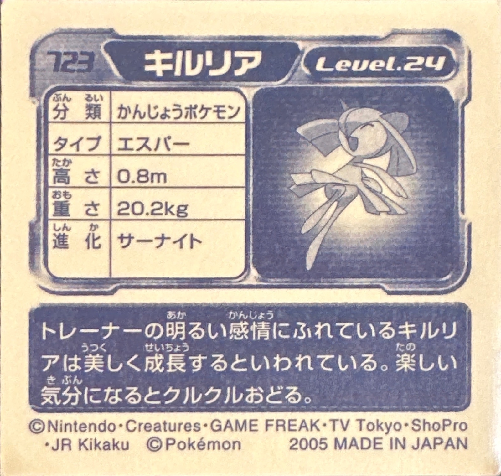 Kirlia sticker #723, Pokémon Amada ADV Part 8 Stickers Checklist (2005), Non Holo, back