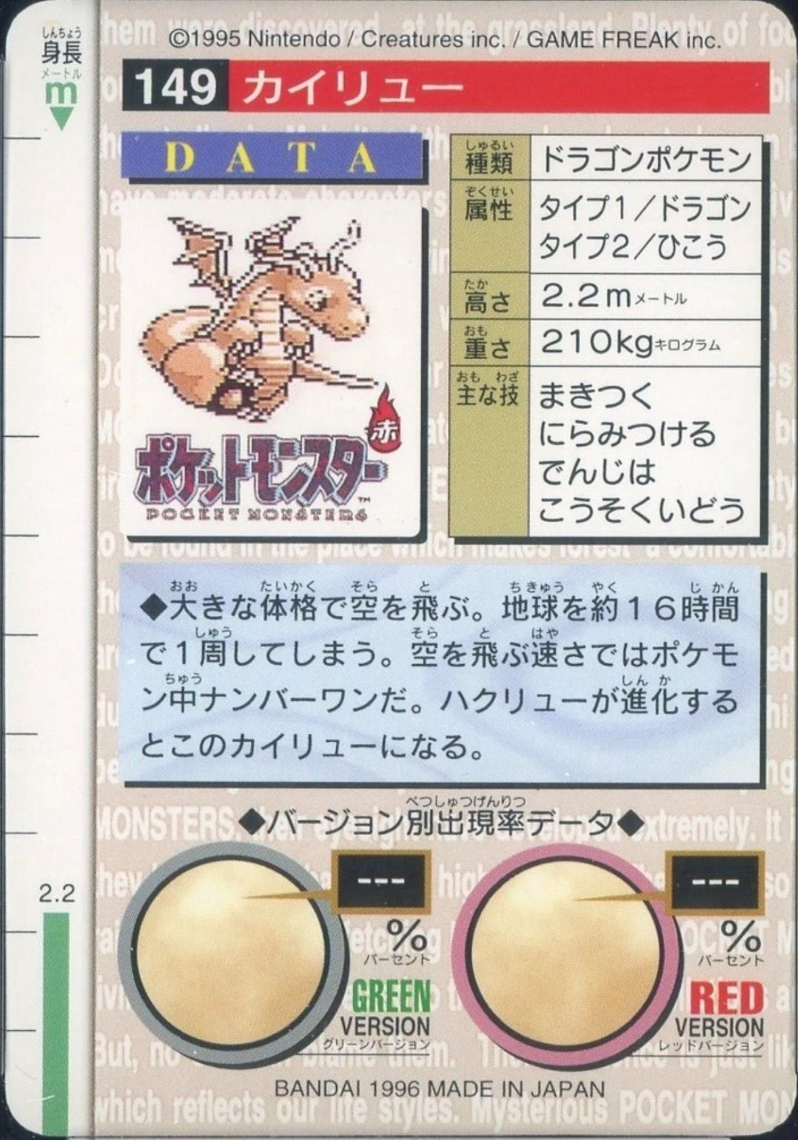 Dragonite card #149, Bandai Pokémon Carddass Part 1 (1996), back