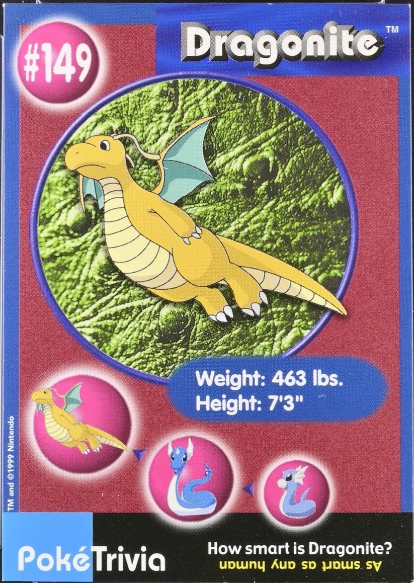 Dragonite card #149, Pokémon Burger King PokéTrivia Cards (1999) Checklist, front