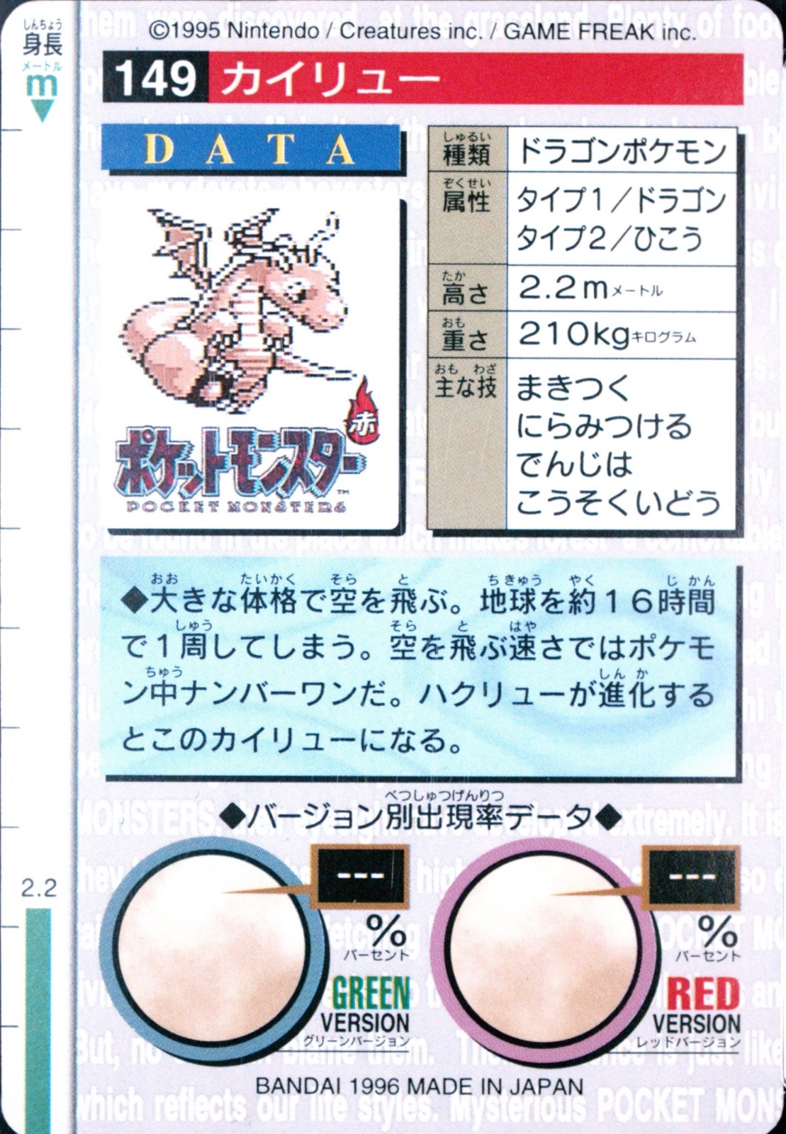 Dragonite card #149, Bandai Pokémon Carddass Part 2 (1996), back