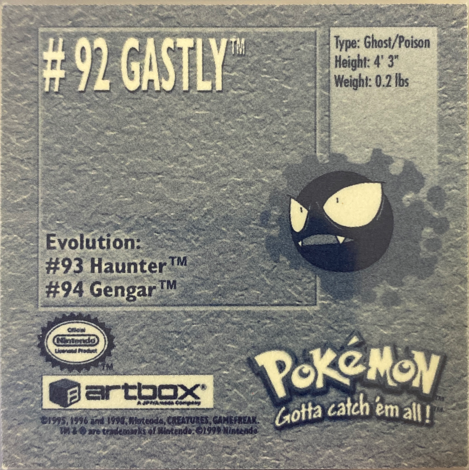 Gastly sticker #92, Artbox (USA) Pokémon Artbox Stickers (1999), back