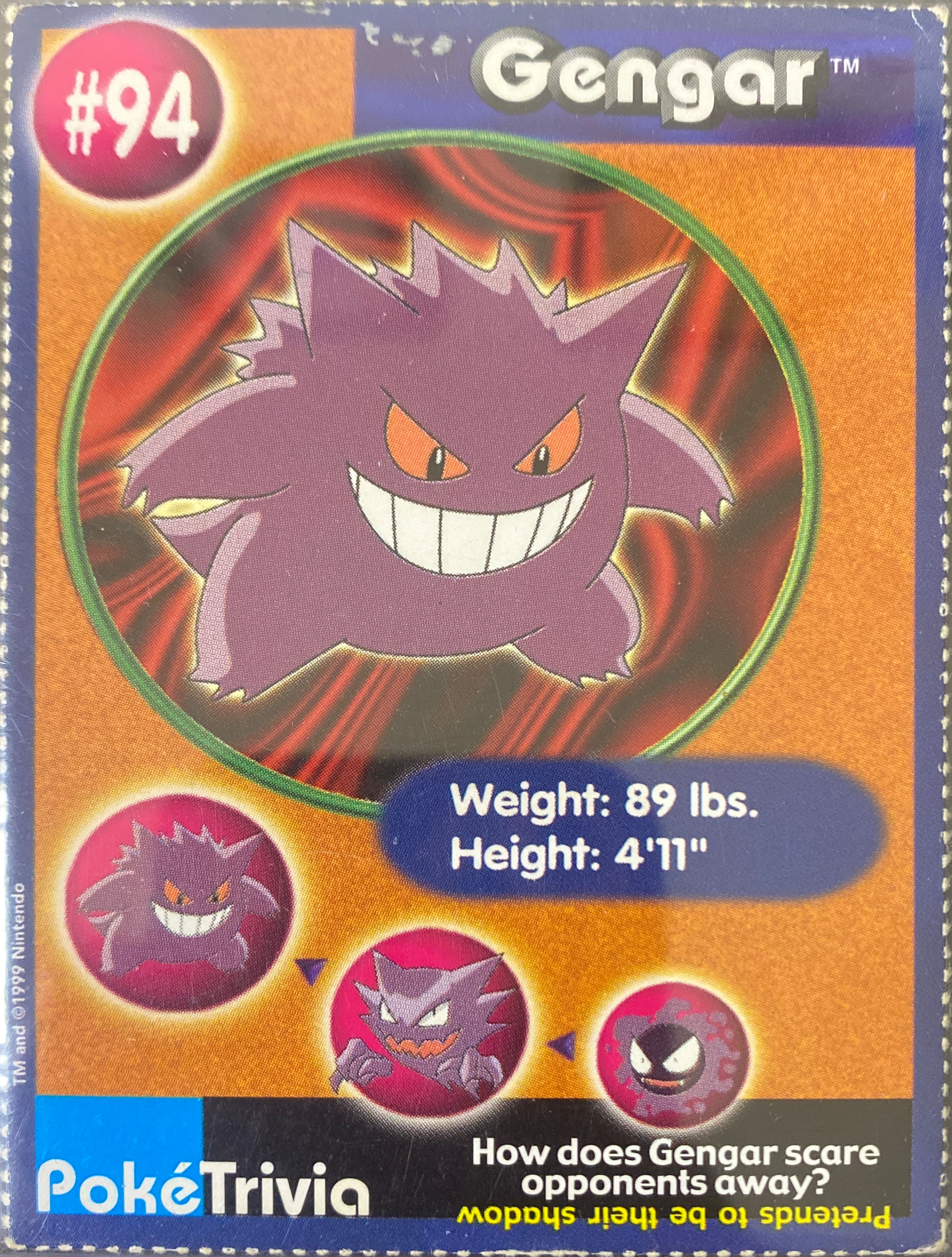 Gengar card #94, Pokémon Burger King PokéTrivia Cards (1999) Checklist, front